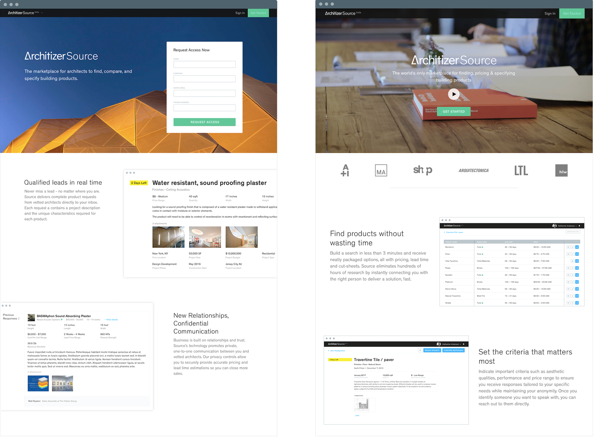 Architizer Source landing pages